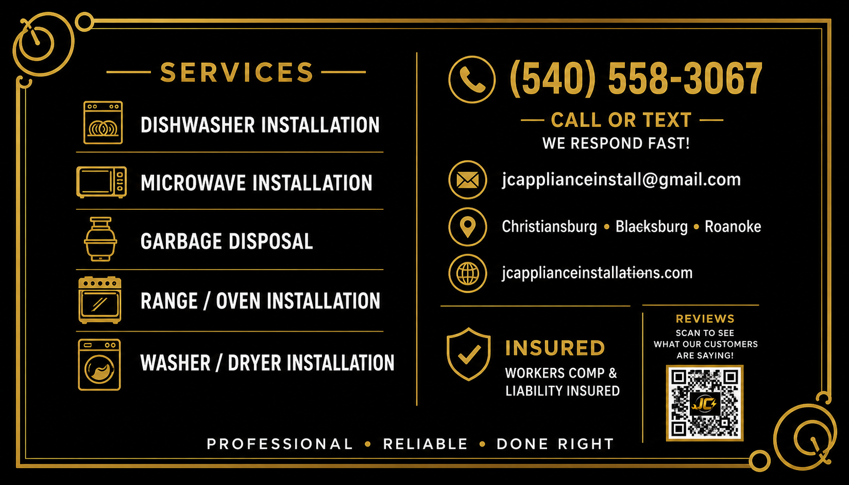 JC Appliance Installations - Business Card Back